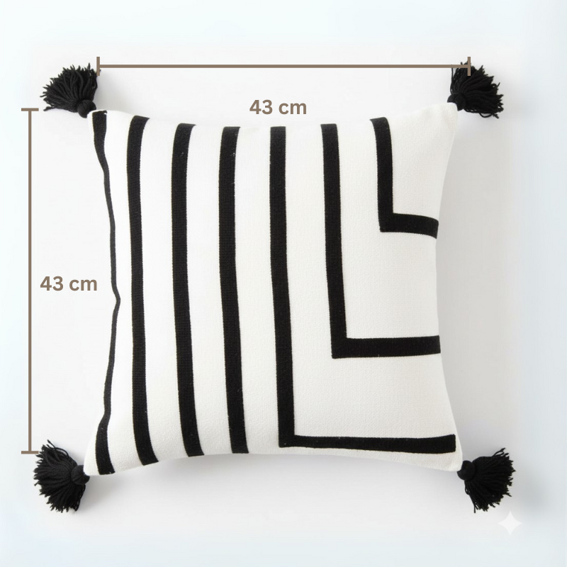 Urban Collection square parallel line embroidered cushion cover in black and white with black tassels – 43x43 cm decorative pillow