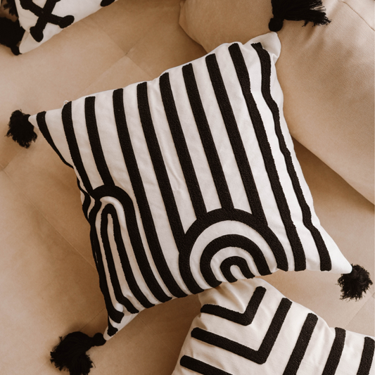 Urban Collection – Square Striped Arch Embroidered Cushion Cover with Black Tassels – 43x43 cm