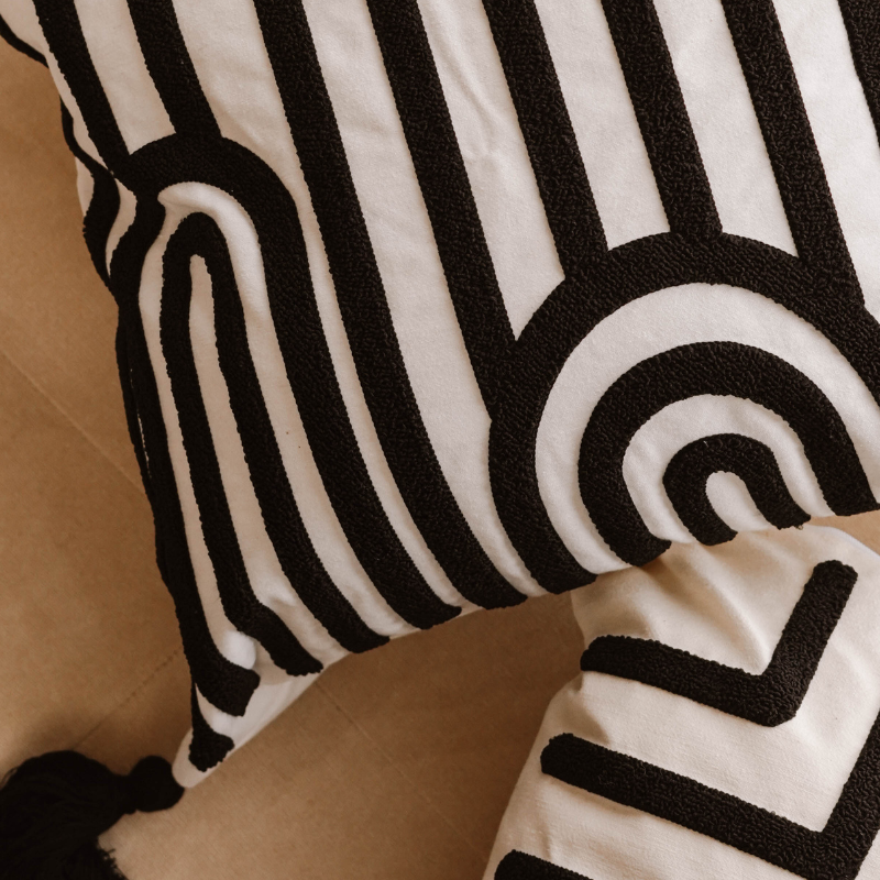 Urban Collection – Square Striped Arch Embroidered Cushion Cover with Black Tassels – 43x43 cm