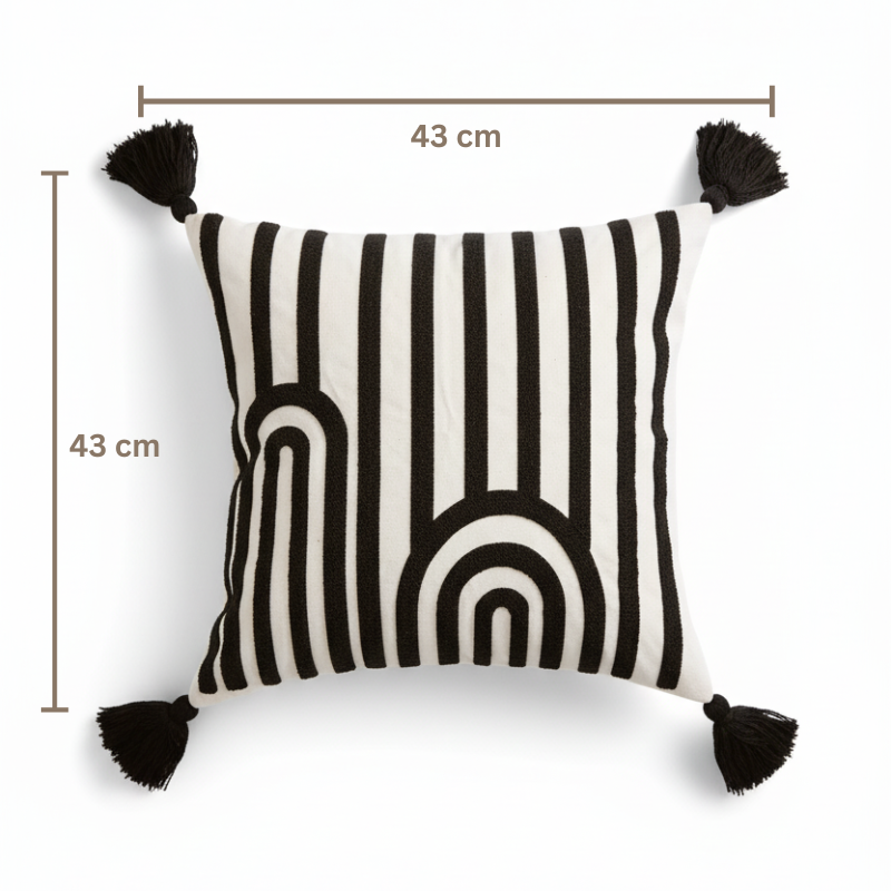 Urban Collection – Square Striped Arch Embroidered Cushion Cover with Black Tassels – 43x43 cm