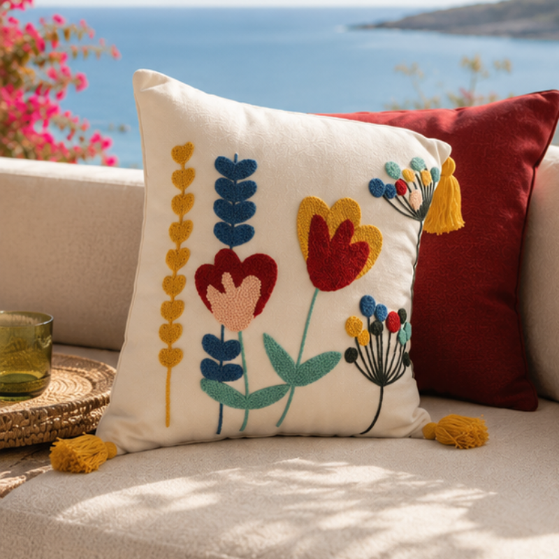 Vivid Bloom Collection square embroidered cushion cover with yellow tassels, tulip meadow floral motif in red, mustard, teal, and blush – 43x43 cm decorative pillow