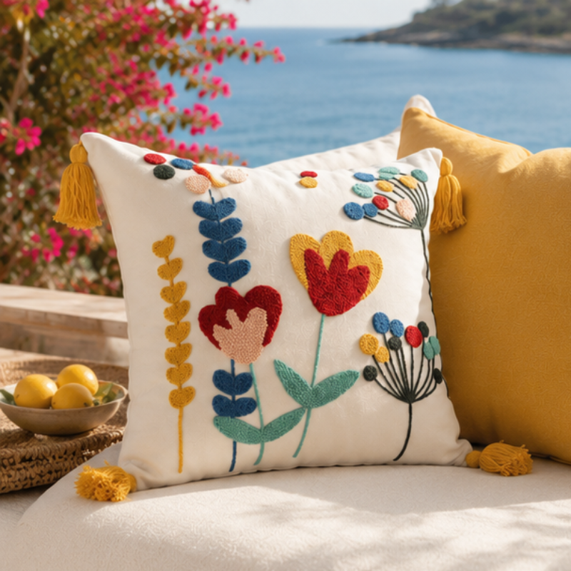 Vivid Bloom Collection square embroidered cushion cover with yellow tassels, tulip meadow floral motif in red, mustard, teal, and blush – 43x43 cm decorative pillow
