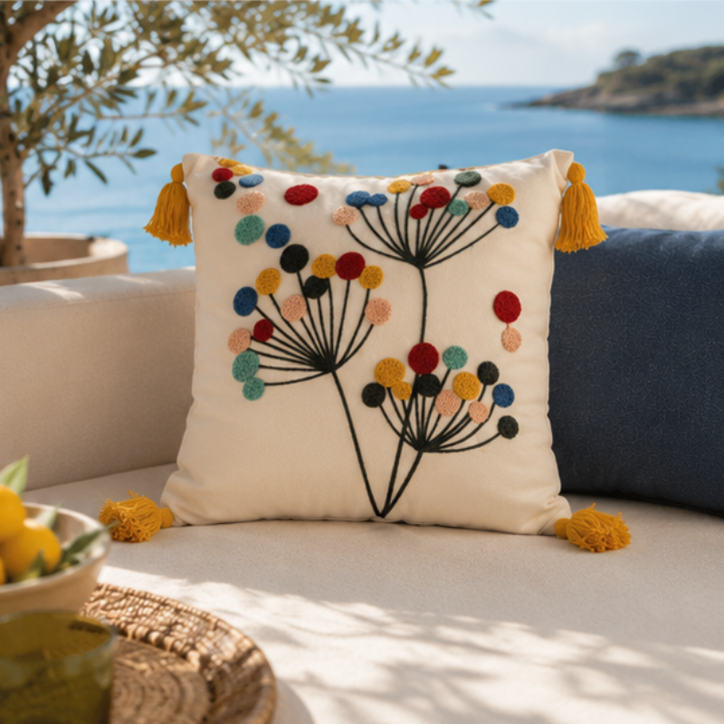 Vivid Bloom Collection square embroidered cushion cover with yellow tassels, tulip meadow floral motif in red, mustard, teal, and blush – 43x43 cm decorative pillow