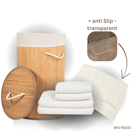 Main Bundle Image: “White bathroom essentials bundle with bamboo laundry basket, pure white towels, white bath mat, and transparent anti-slip mat.”