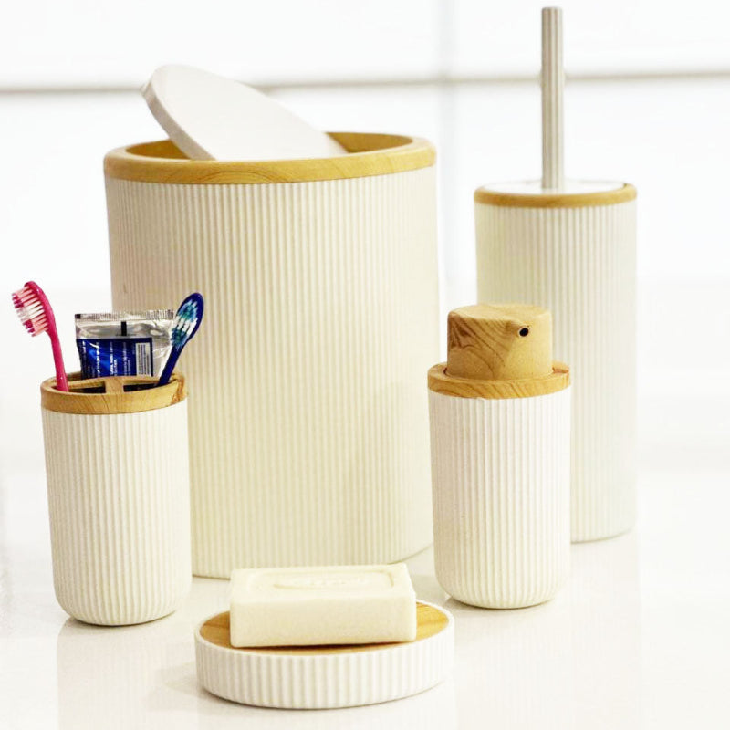 Black bathroom accessory set with wood accents – 5 pieces